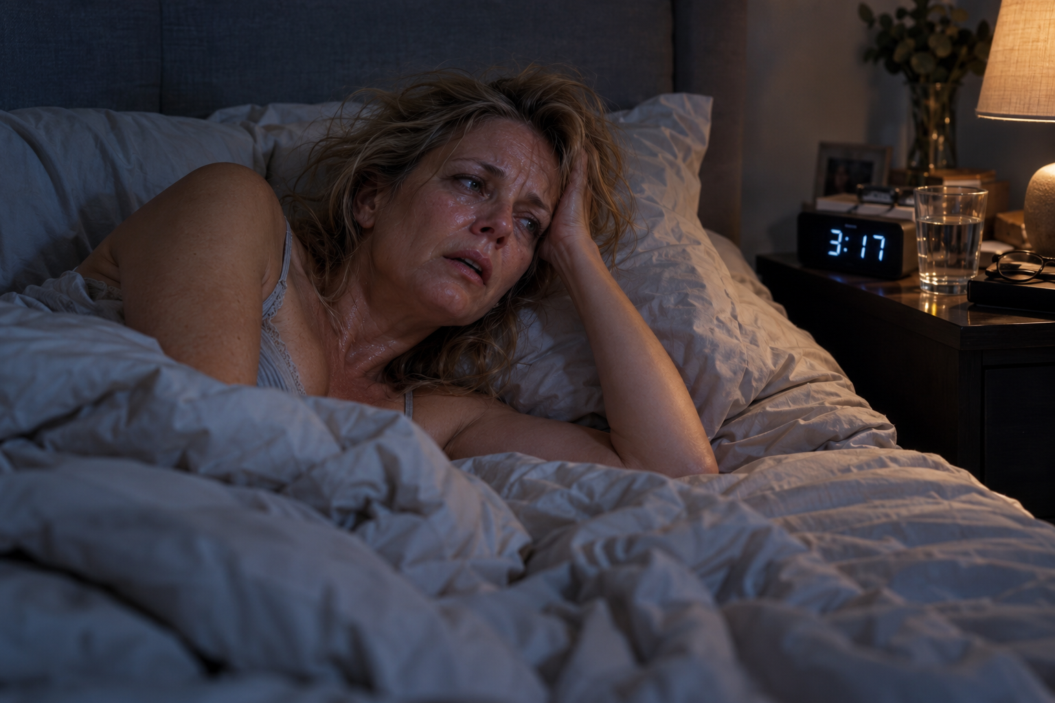 Schlaflose Frau liegt wach im Bett, Wecker zeigt 3:17 Uhr